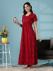 Deep Red Cotton Blend Designer Nighty for Women with Embroidery