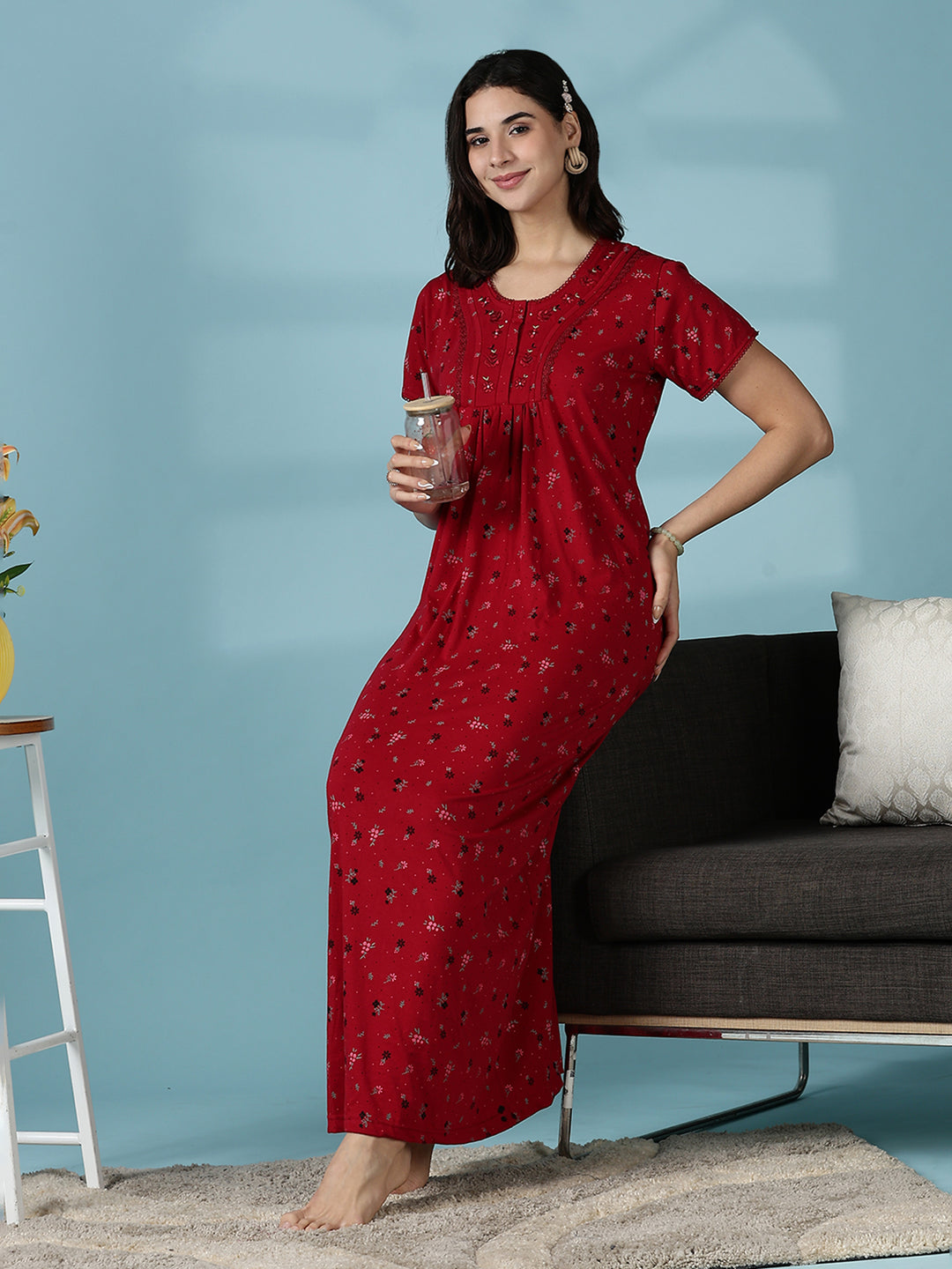 Deep Red Cotton Blend Designer Nighty for Women with Embroidery
