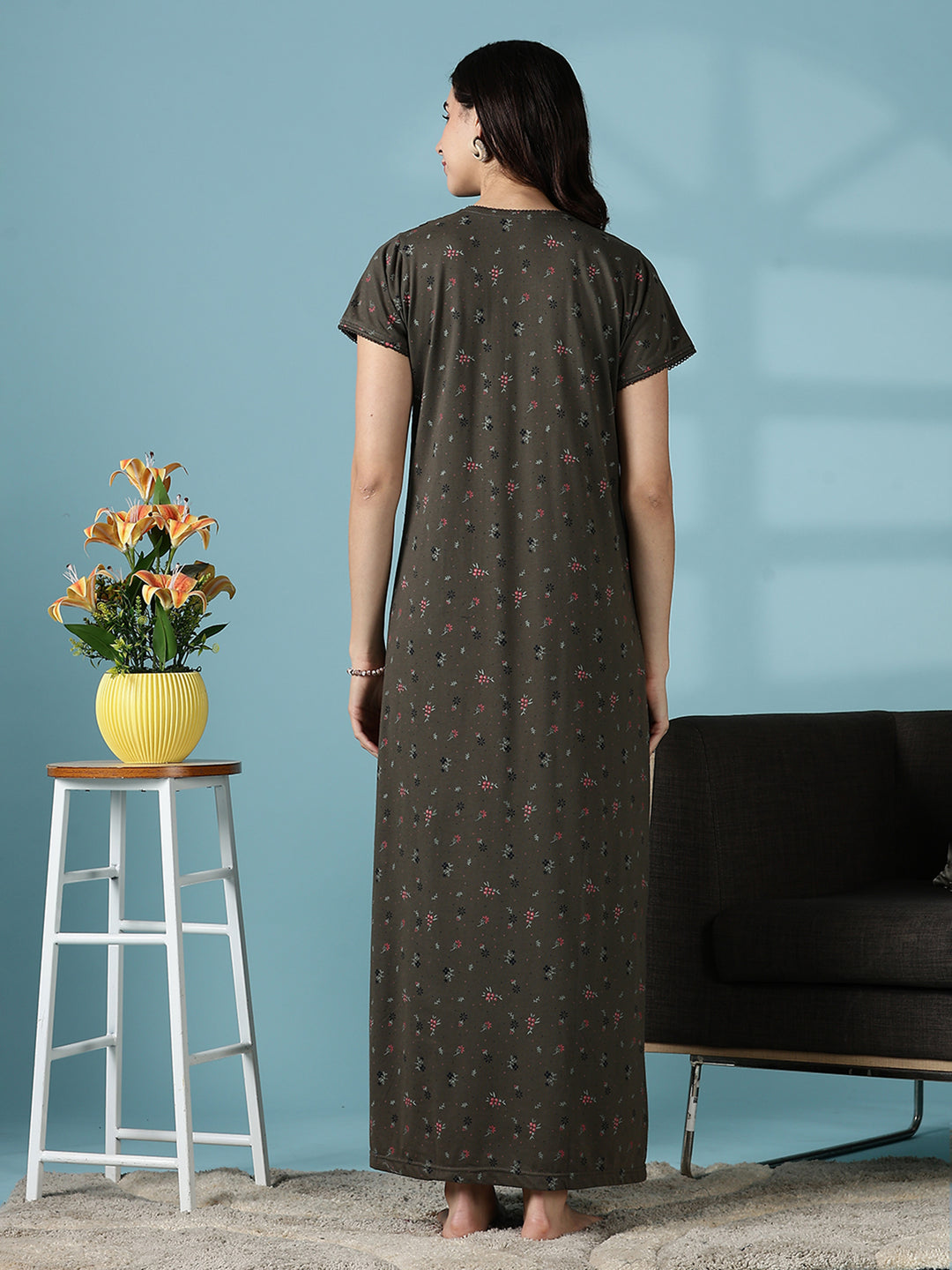 Dusty Olive Green Cotton Blend Designer Nighty for Women