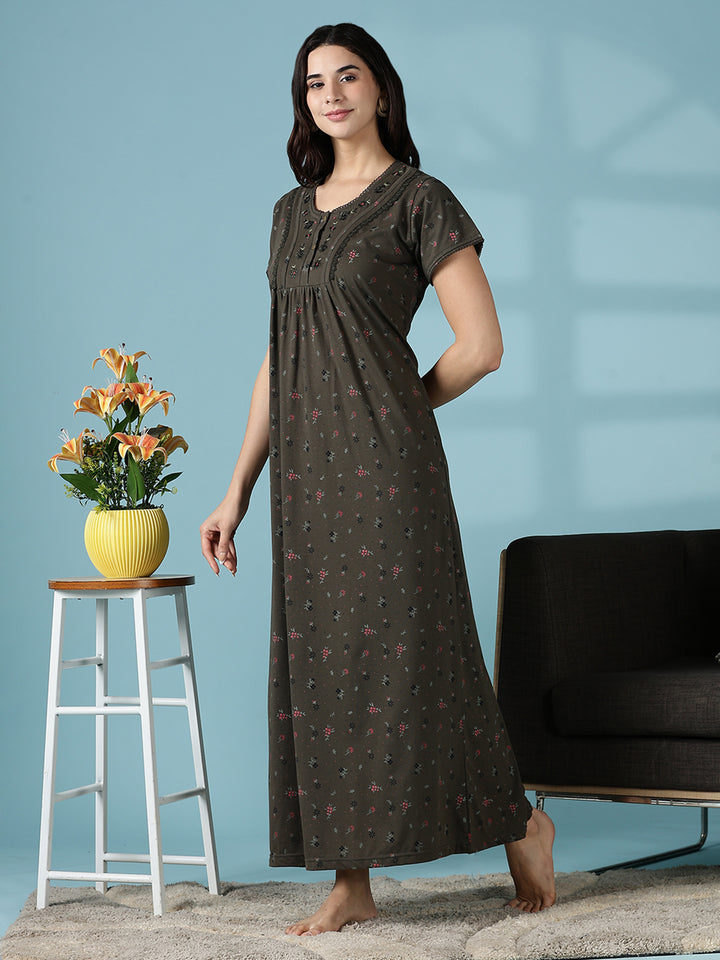 Dusty Olive Green Cotton Blend Designer Nighty for Women