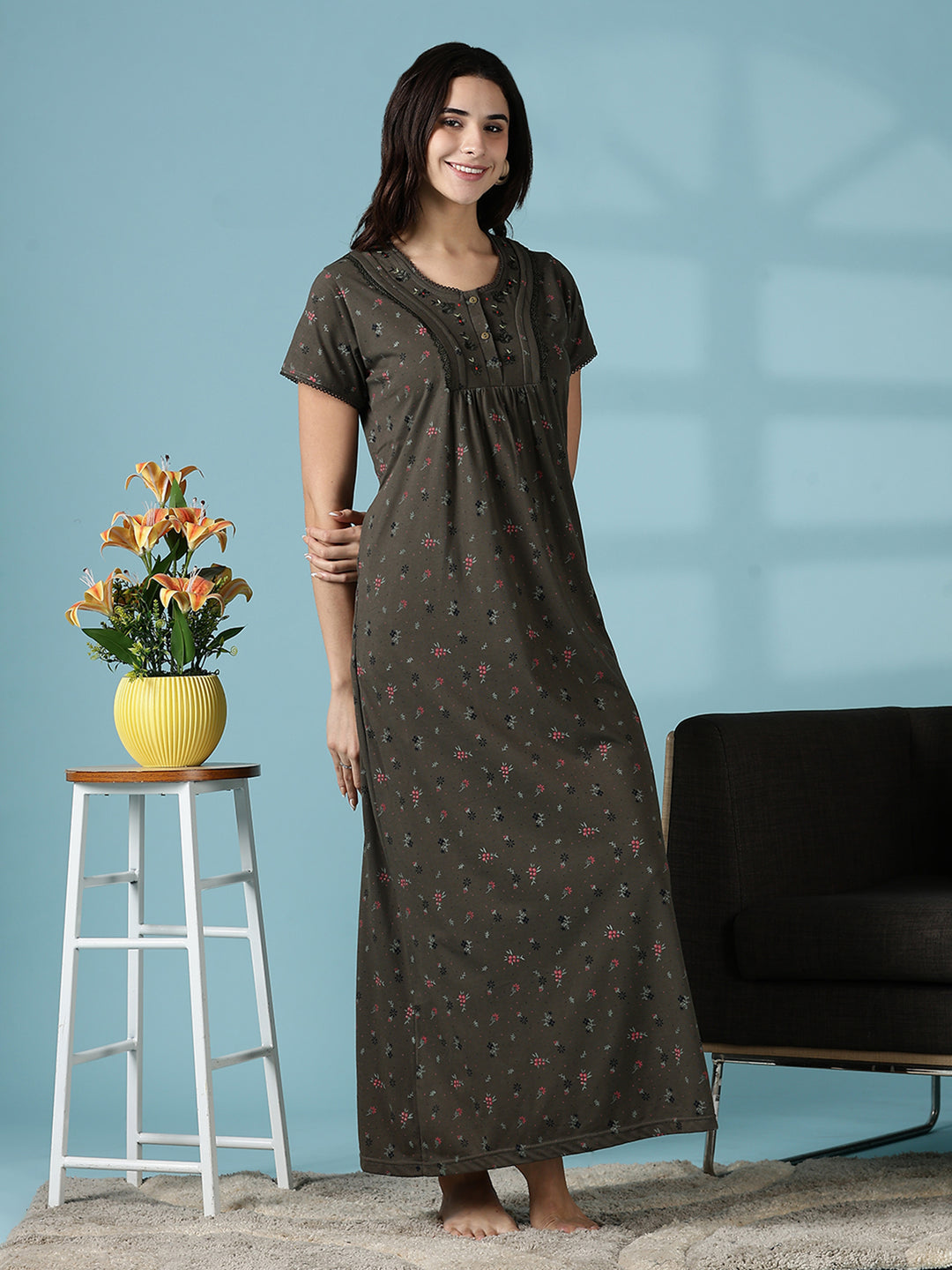 Dusty Olive Green Cotton Blend Designer Nighty for Women