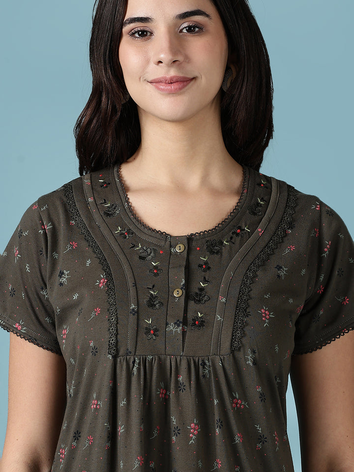 Dusty Olive Green Cotton Blend Designer Nighty for Women