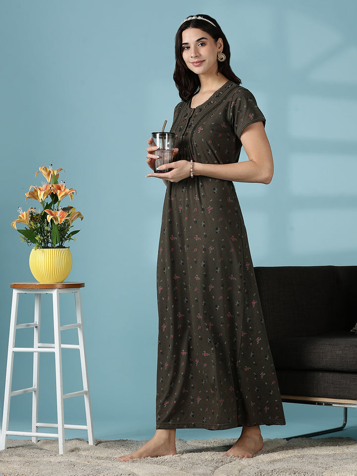 Dusty Olive Green Cotton Blend Designer Nighty for Women