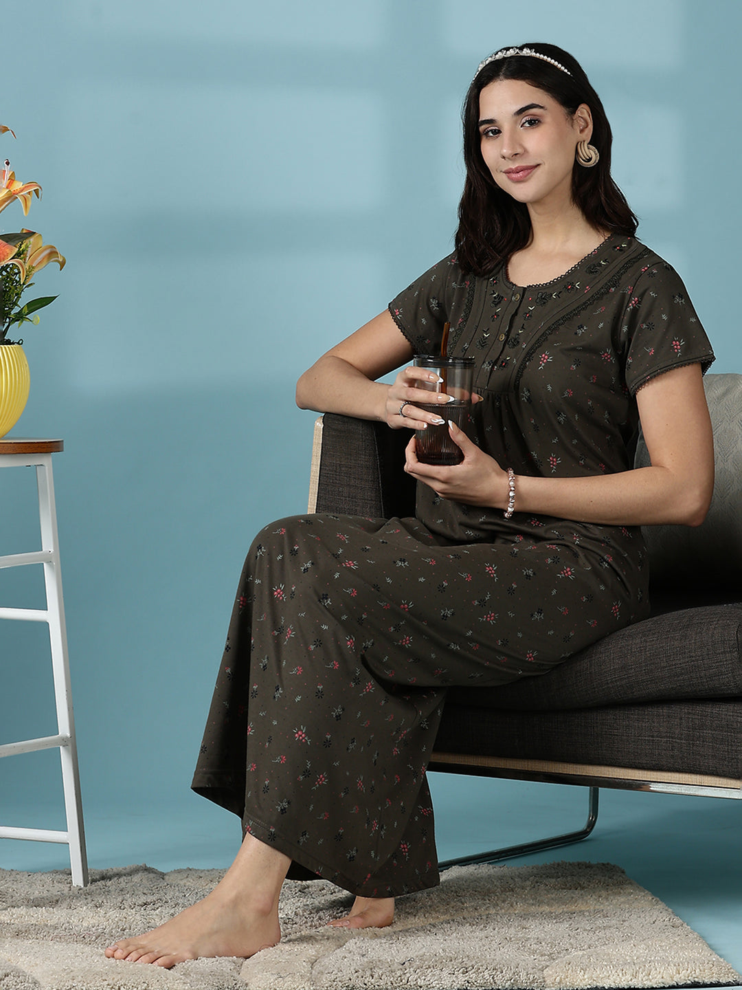 Dusty Olive Green Cotton Blend Designer Nighty for Women