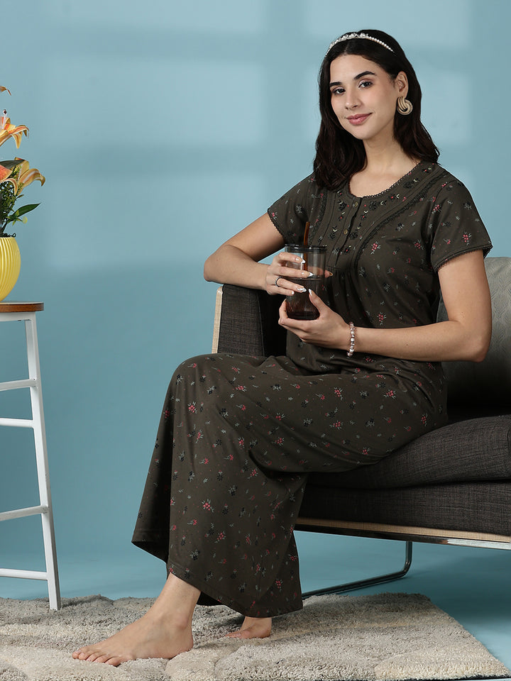 Dusty Olive Green Cotton Blend Designer Nighty for Women