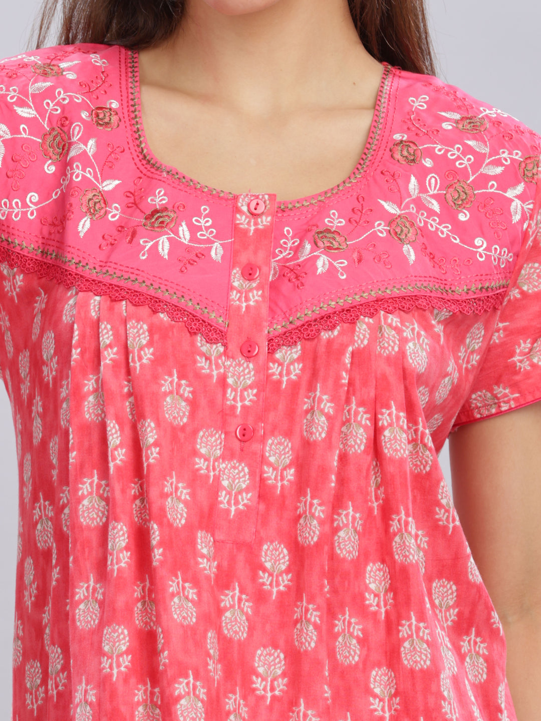 Rani Pink Cotton Floral Nighty with Embroidery and Front Buttons