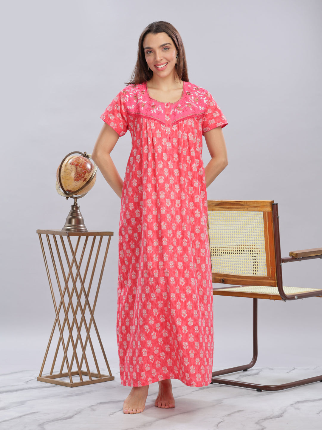 Rani Pink Cotton Floral Nighty with Embroidery and Front Buttons