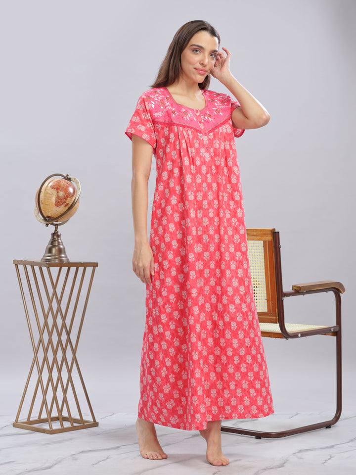 Rani Pink Cotton Floral Nighty with Embroidery and Front Buttons