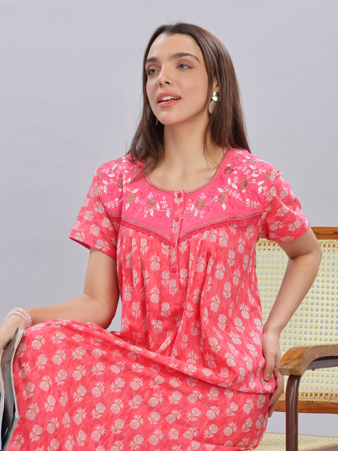 Rani Pink Cotton Floral Nighty with Embroidery and Front Buttons