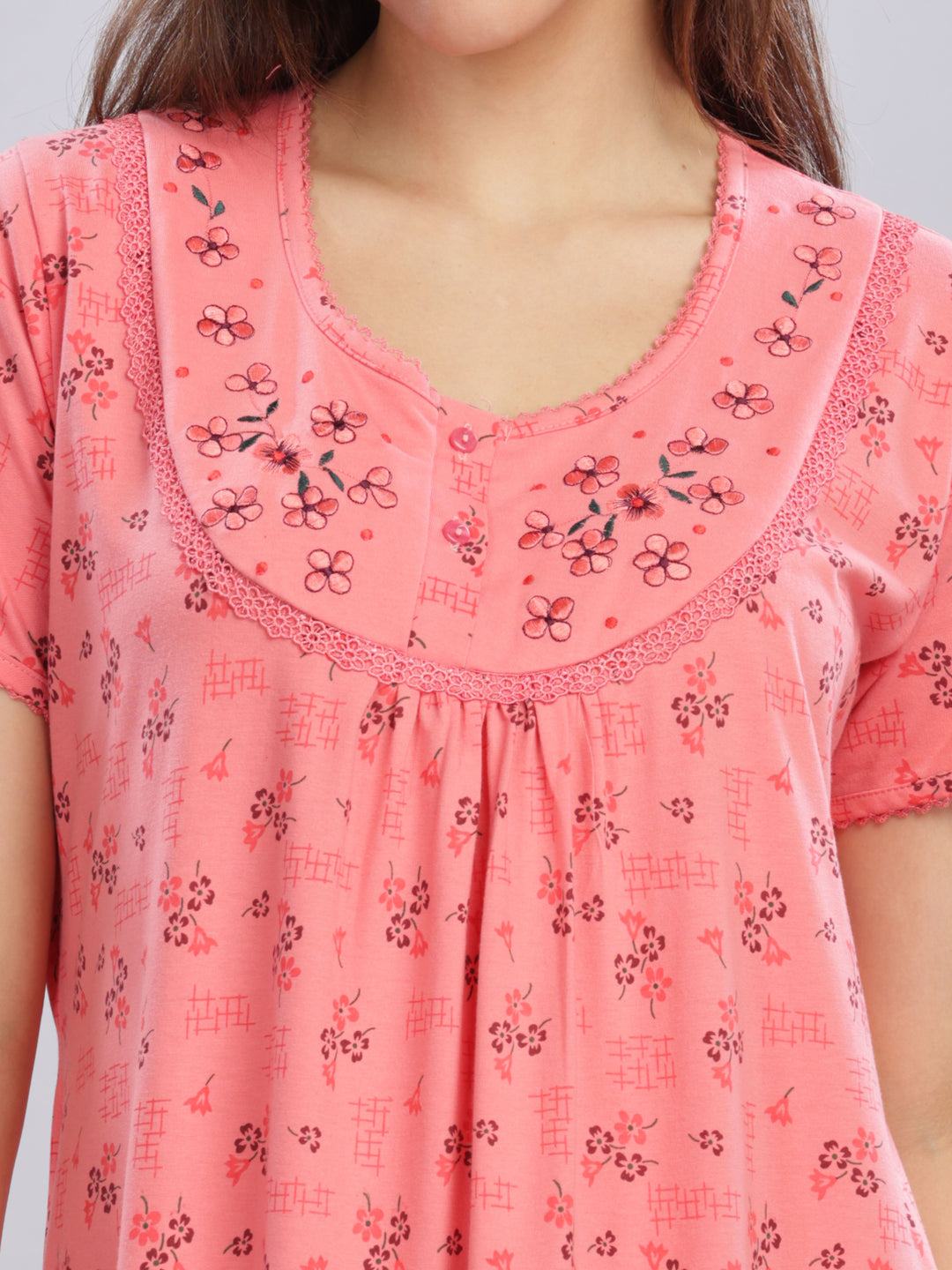 Peach Cotton Blend Nighty with Floral Embroidery and Pockets