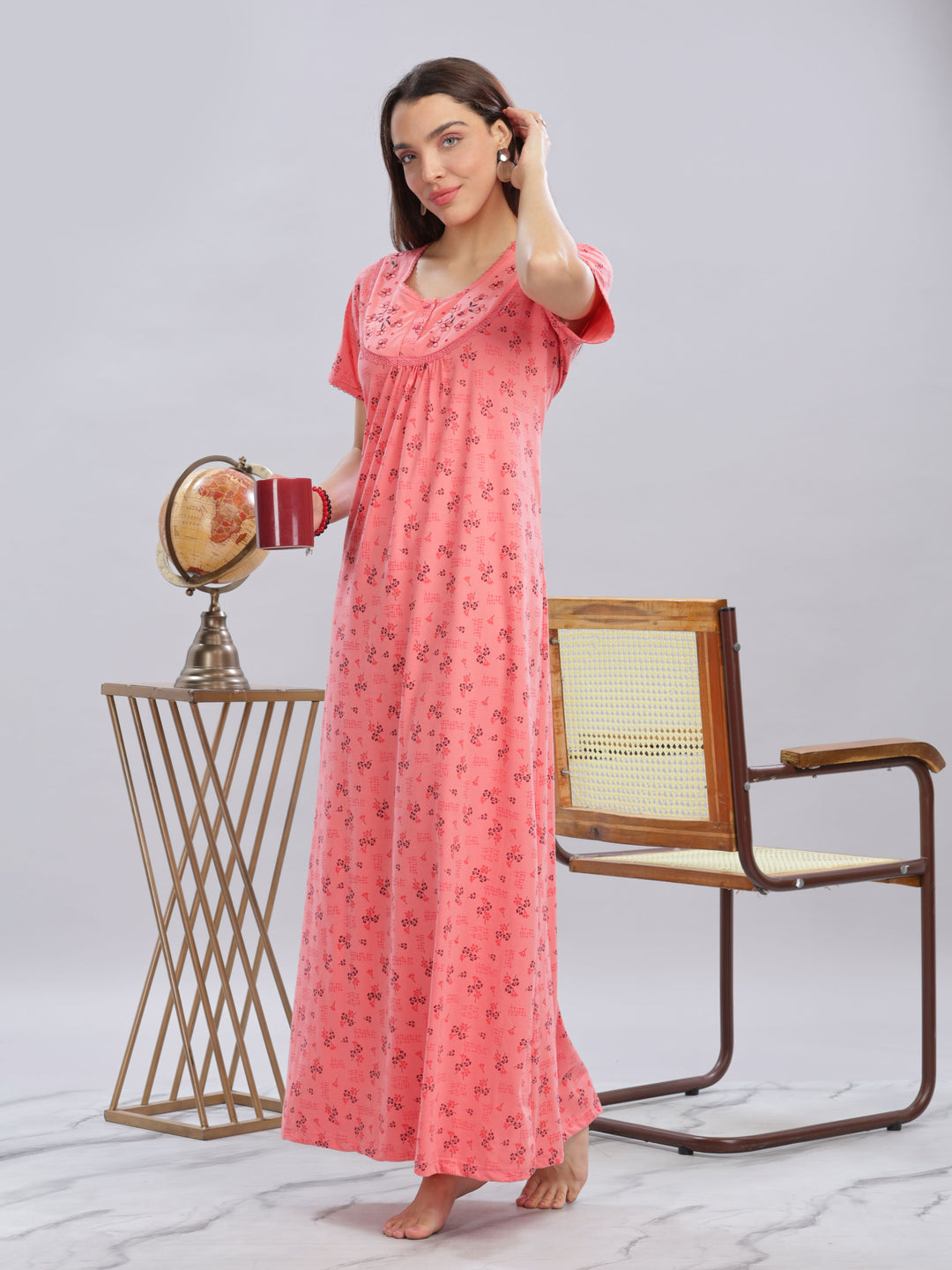 Peach Cotton Blend Nighty with Floral Embroidery and Pockets