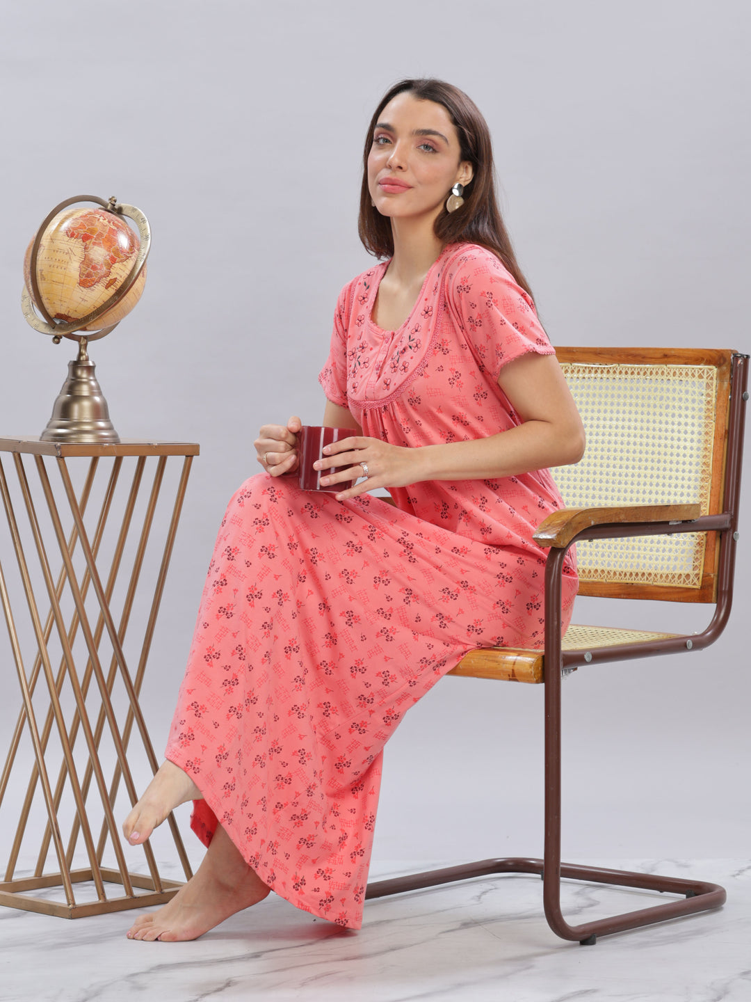 Peach Cotton Blend Nighty with Floral Embroidery and Pockets