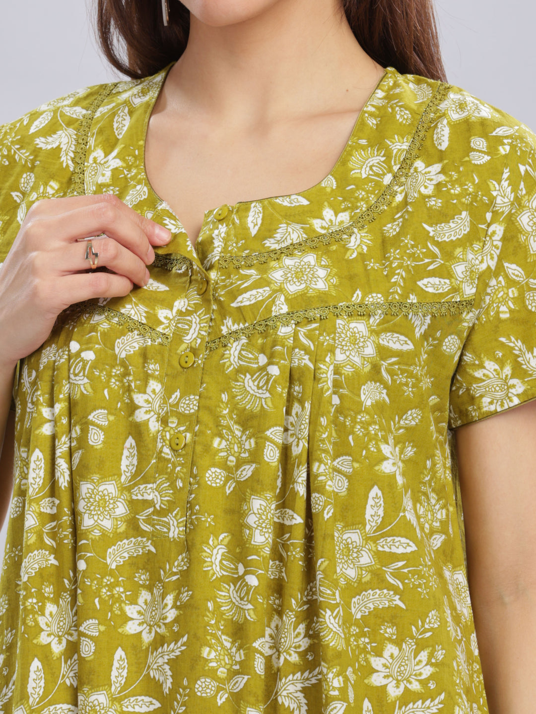 Green Floral Pure Cotton Nighty for Women with Pockets