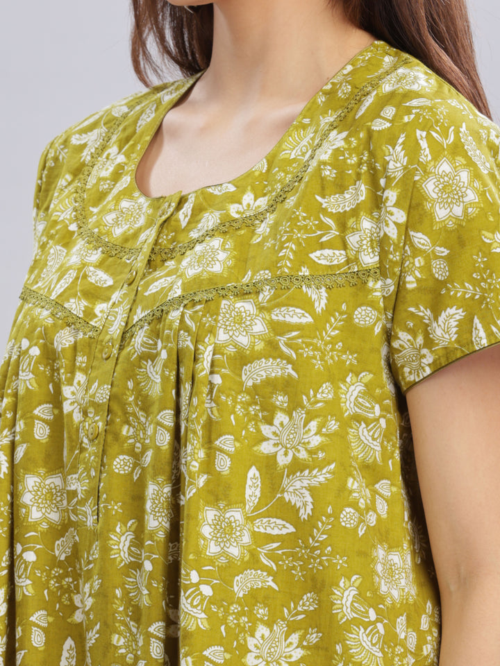 Green Floral Pure Cotton Nighty for Women with Pockets