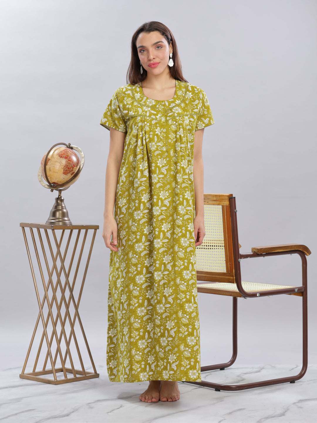 Green Floral Pure Cotton Nighty for Women with Pockets