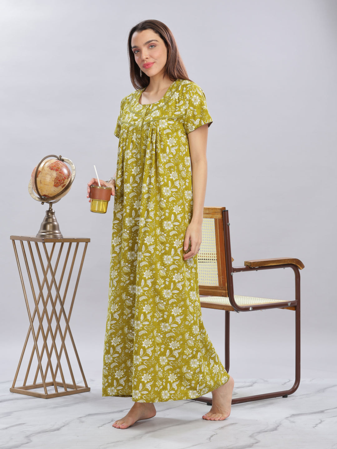 Green Floral Pure Cotton Nighty for Women with Pockets