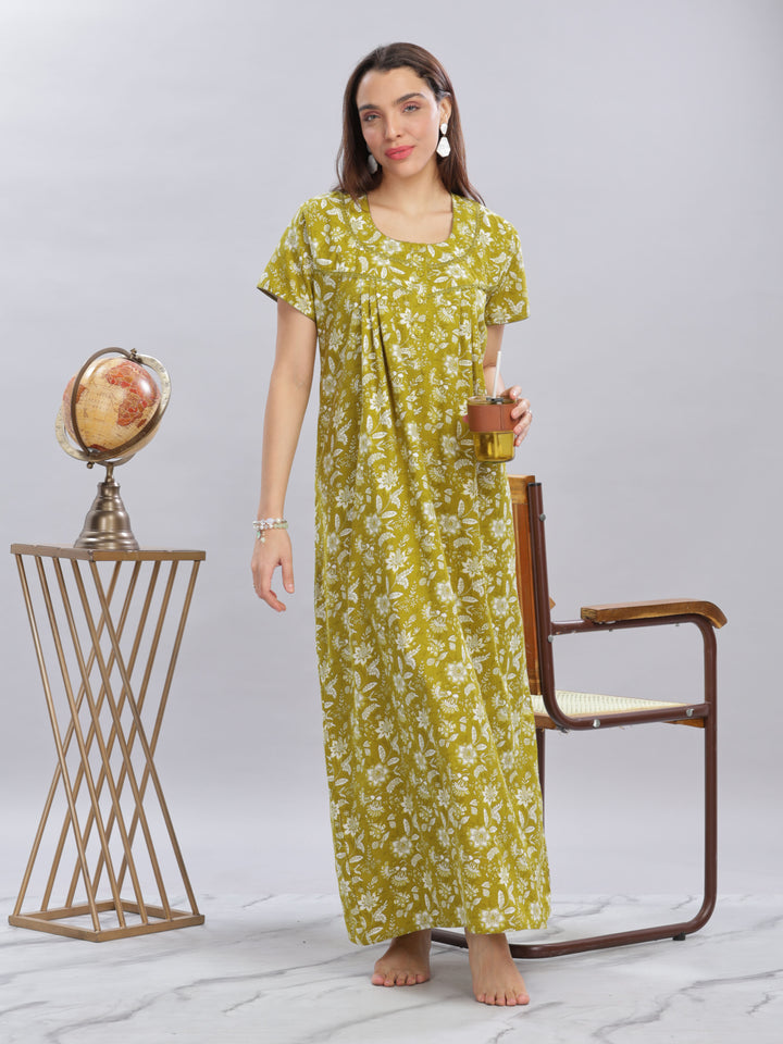 Green Floral Pure Cotton Nighty for Women with Pockets