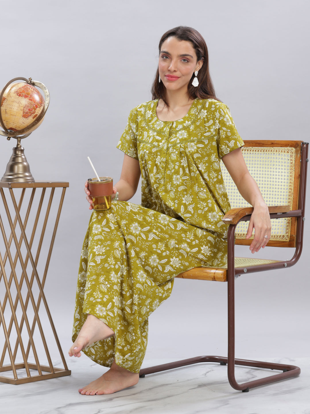 Green Floral Pure Cotton Nighty for Women with Pockets