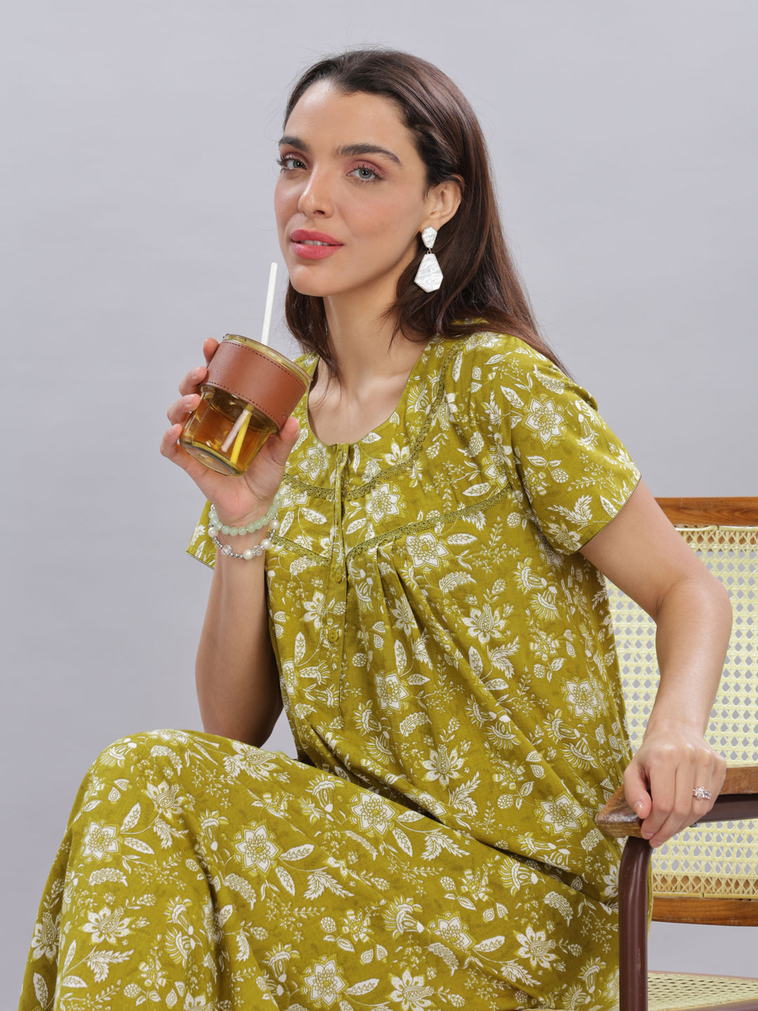 Green Floral Pure Cotton Nighty for Women with Pockets