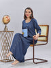Dark Blue Cotton Denim Maxi Nighty with Pocket and Three Quarter Sleeves