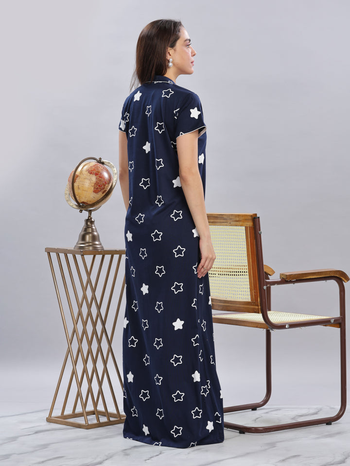 Chic Navy Blue Star Printed Maxi Nighty For Women Online