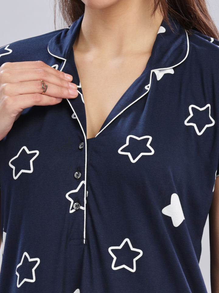 Chic Navy Blue Star Printed Maxi Nighty For Women Online