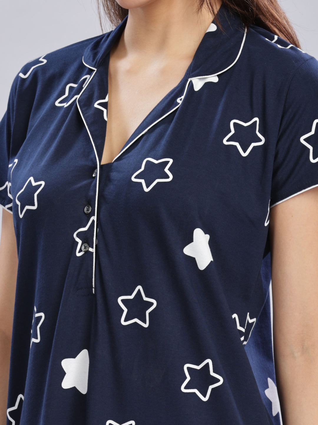 Chic Navy Blue Star Printed Maxi Nighty For Women Online