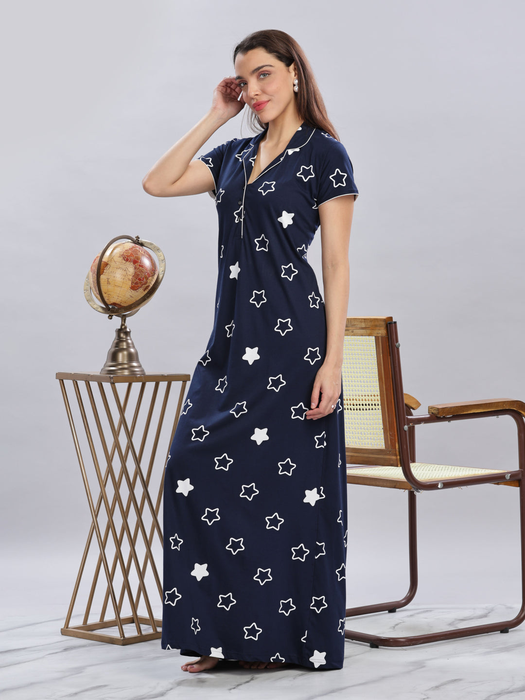 Chic Navy Blue Star Printed Maxi Nighty For Women Online