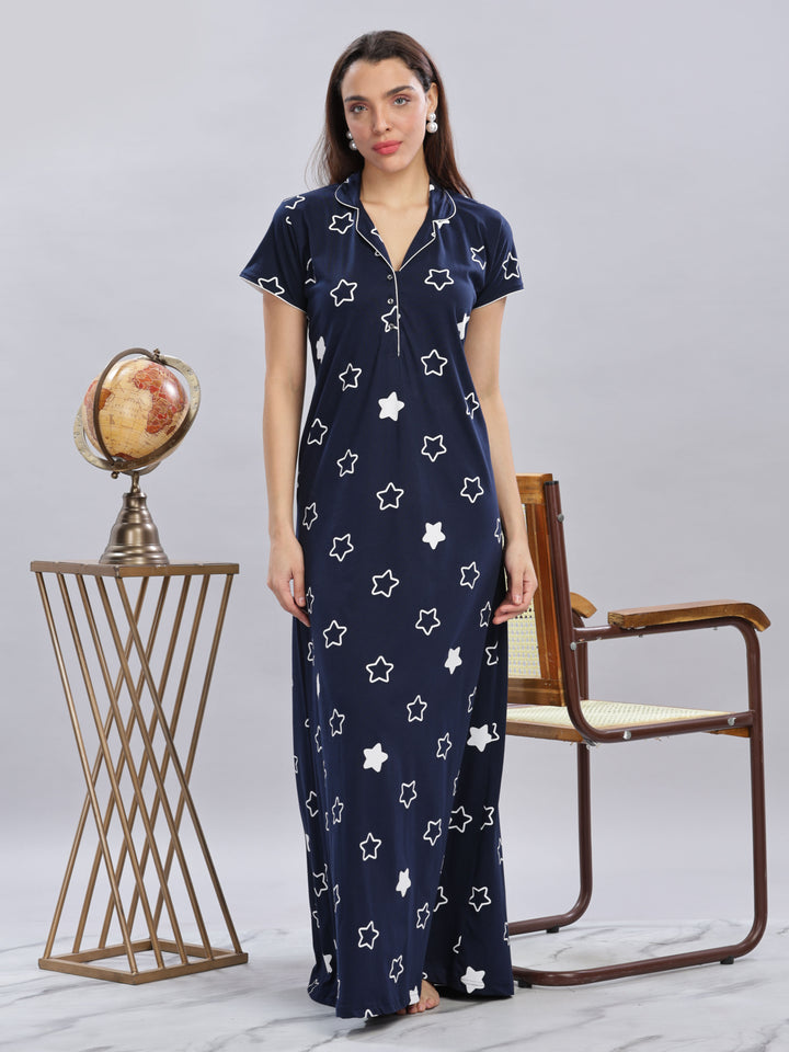 Chic Navy Blue Star Printed Maxi Nighty For Women Online