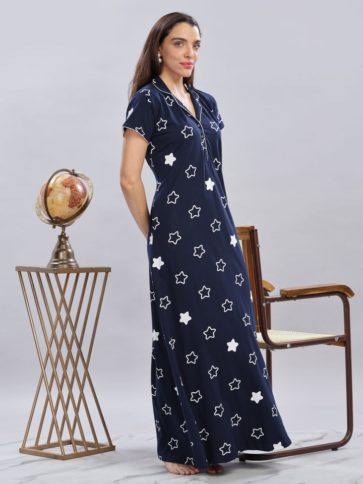 Chic Navy Blue Star Printed Maxi Nighty For Women Online