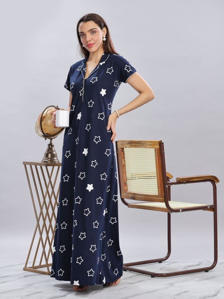 Chic Navy Blue Star Printed Maxi Nighty For Women Online