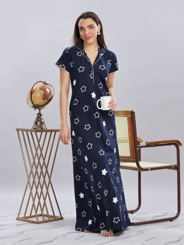 Chic Navy Blue Star Printed Maxi Nighty For Women Online