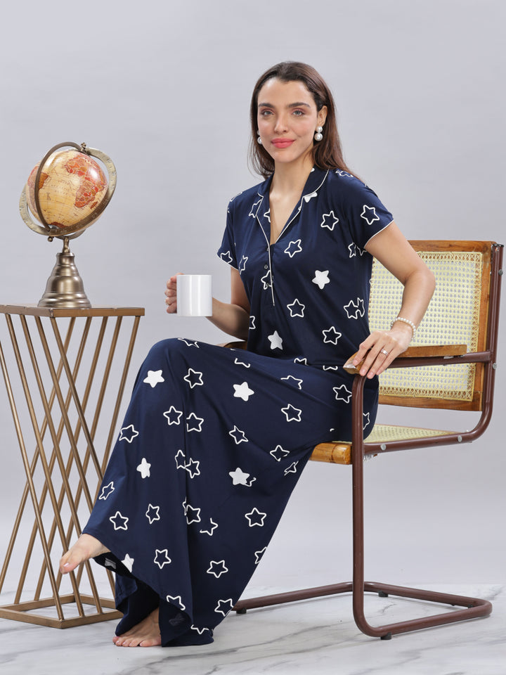 Chic Navy Blue Star Printed Maxi Nighty For Women Online