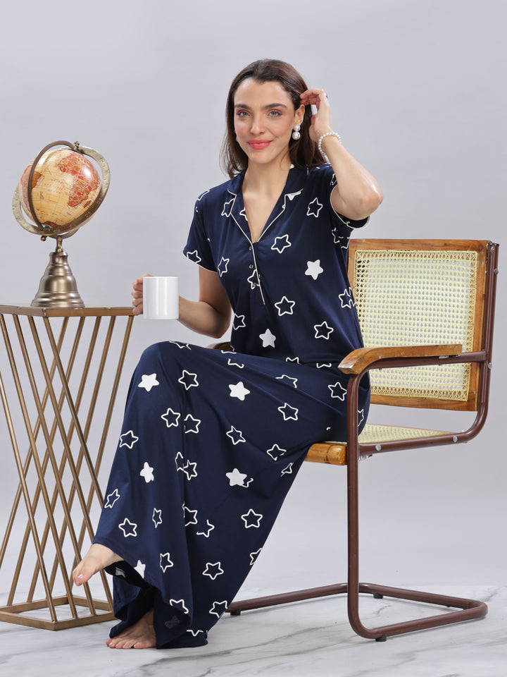 Chic Navy Blue Star Printed Maxi Nighty For Women Online