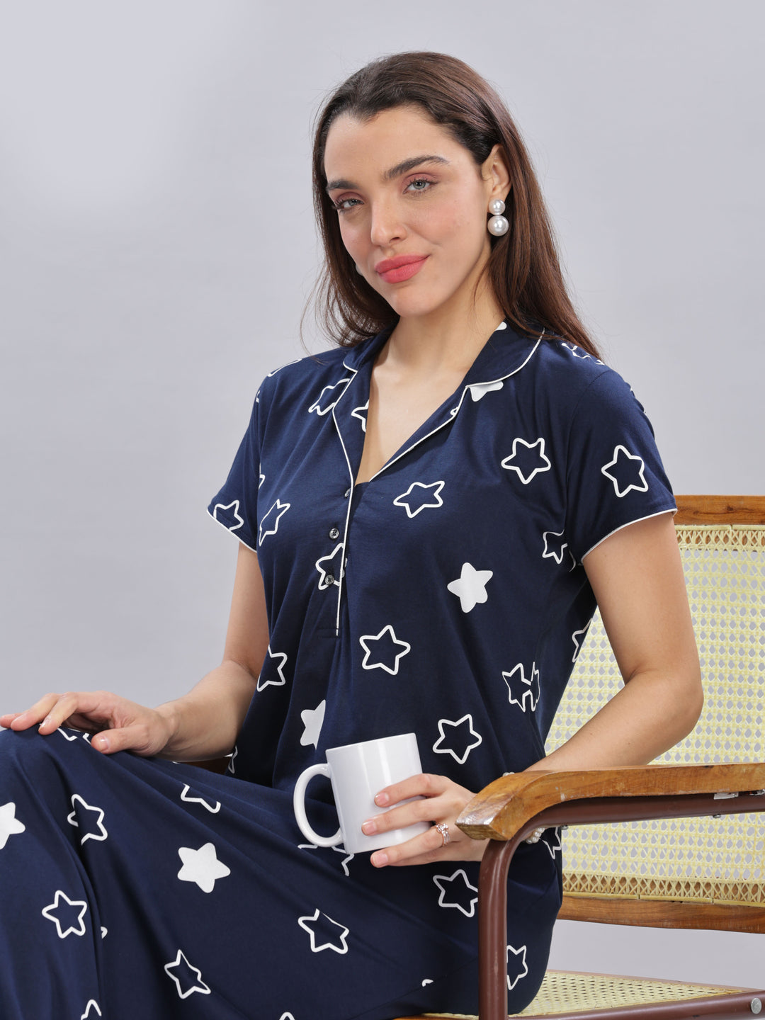 Chic Navy Blue Star Printed Maxi Nighty For Women Online