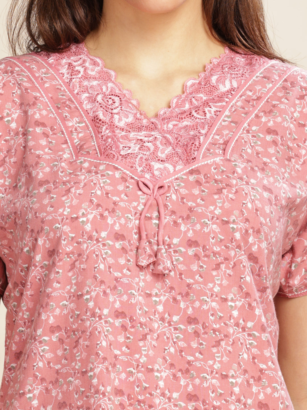 Baby Pink Floral A-Line Nighty with Lace V-Neck and Pocket