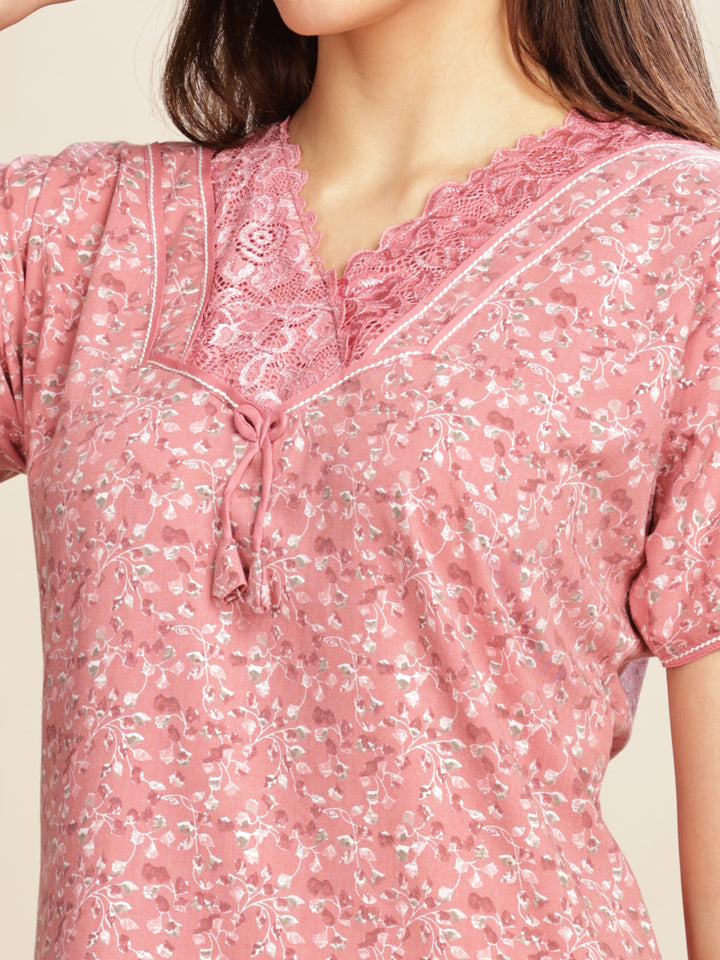 Baby Pink Floral A-Line Nighty with Lace V-Neck and Pocket