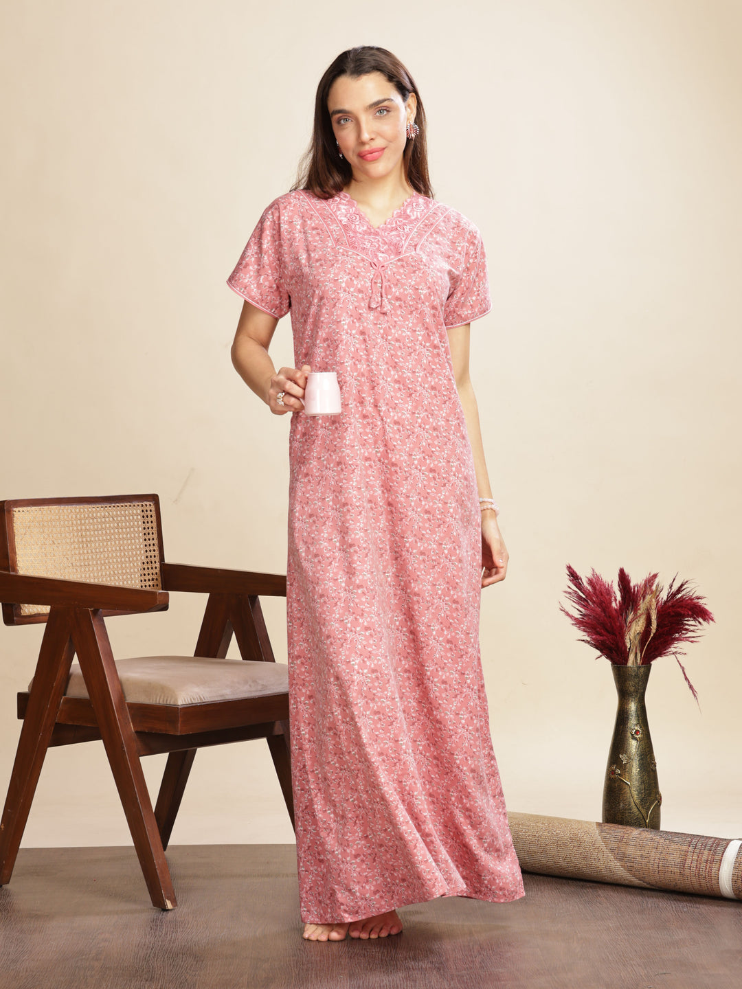 Baby Pink Floral A-Line Nighty with Lace V-Neck and Pocket