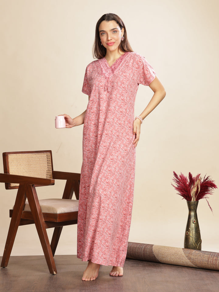 Baby Pink Floral A-Line Nighty with Lace V-Neck and Pocket