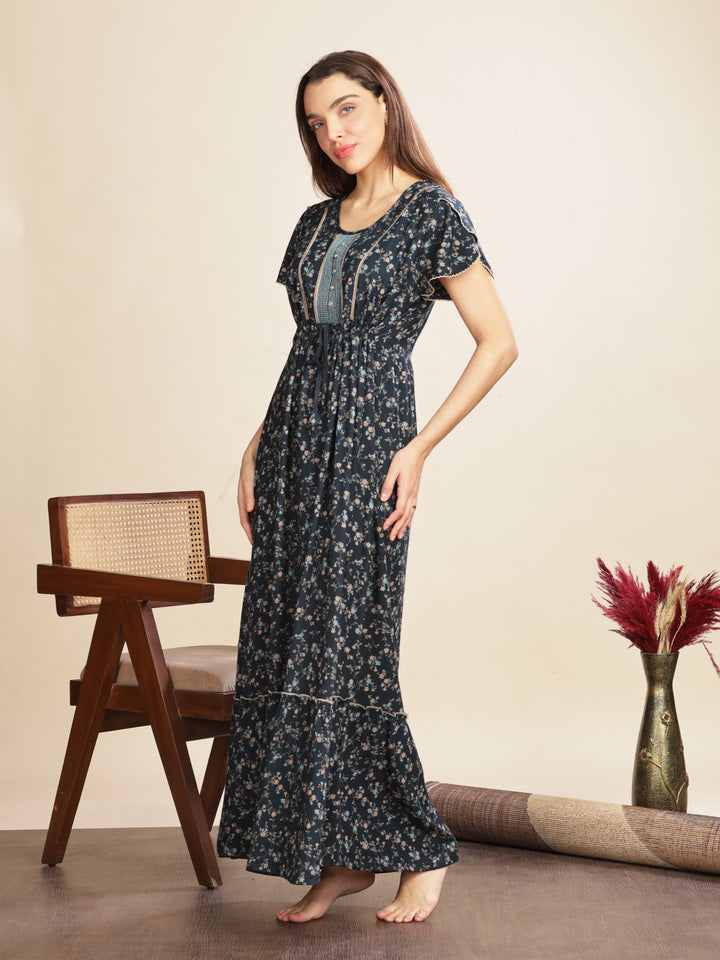 Elegant Rama Green Designer Maxi Nightgown For Women