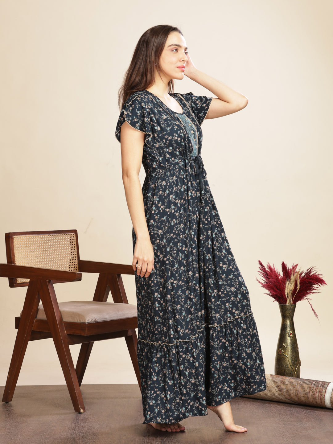 Elegant Rama Green Designer Maxi Nightgown For Women