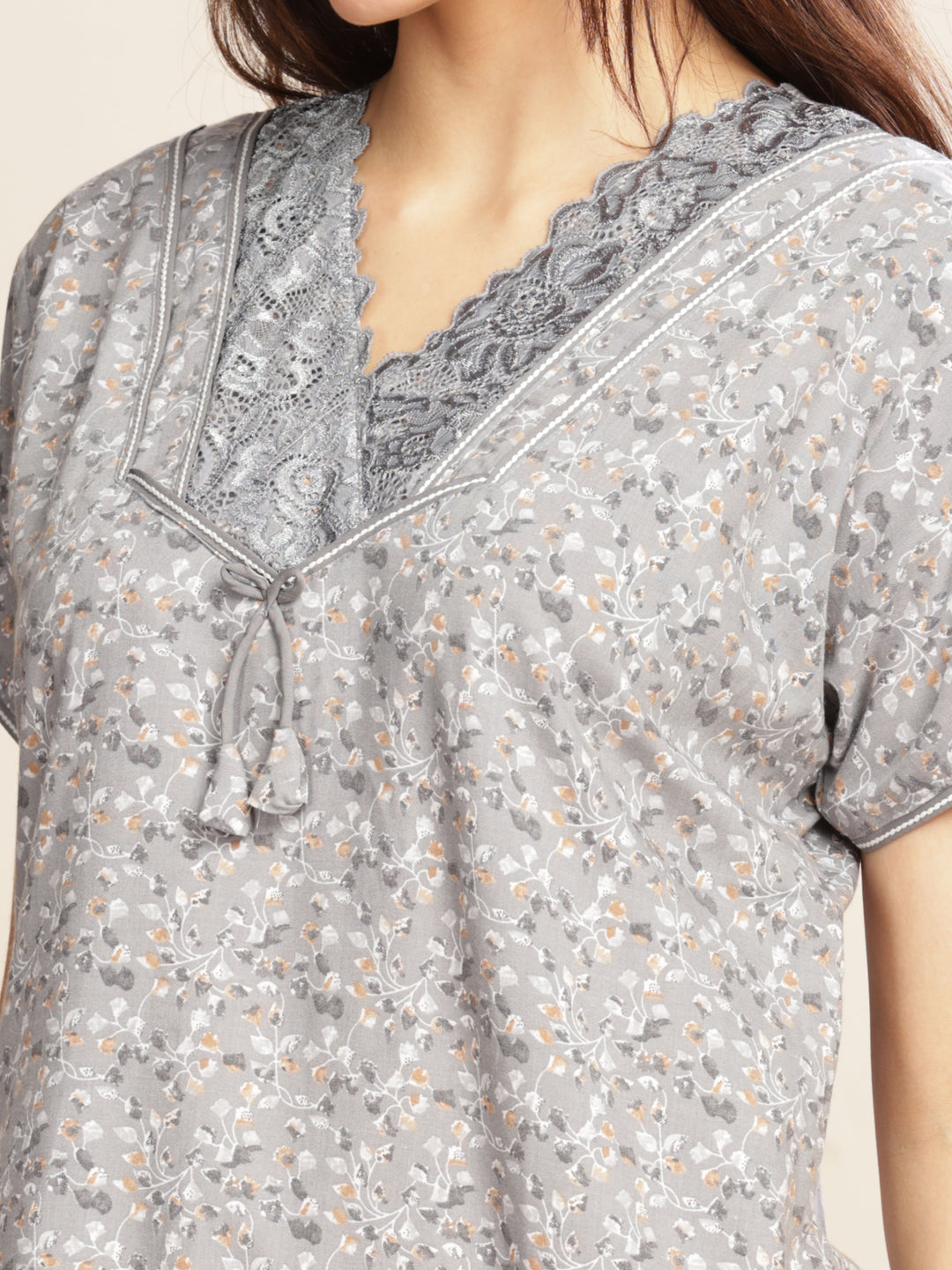 Cement Grey Floral Designer Nighty with A-Line Fit and Lace Details