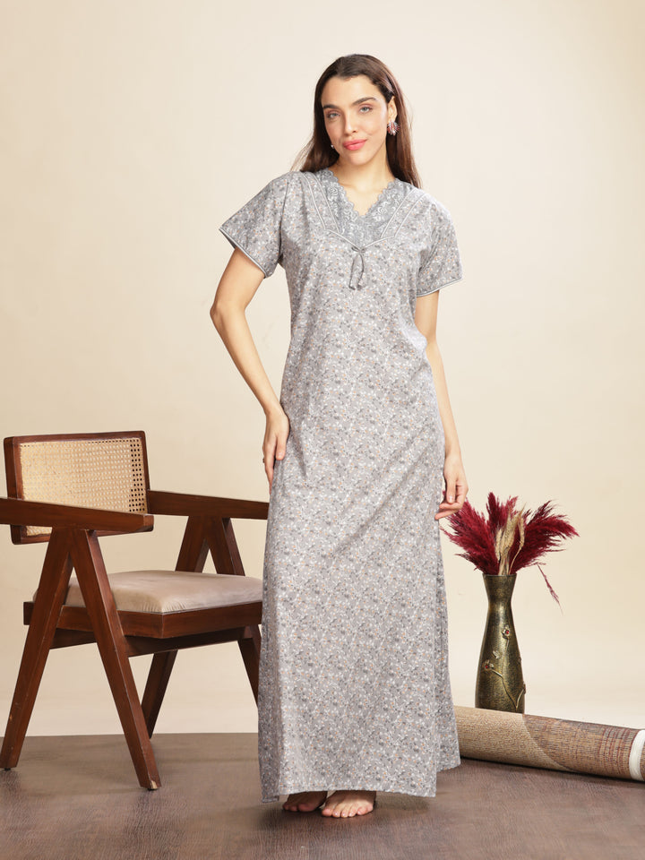 Cement Grey Floral Designer Nighty with A-Line Fit and Lace Details