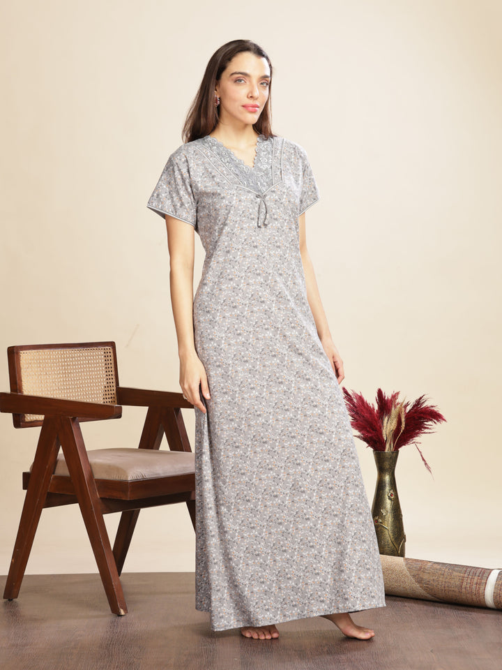 Cement Grey Floral Designer Nighty with A-Line Fit and Lace Details