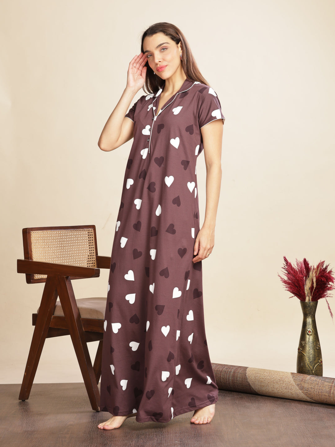 Trendy Violet Star Printed Maxi Nighty For Women