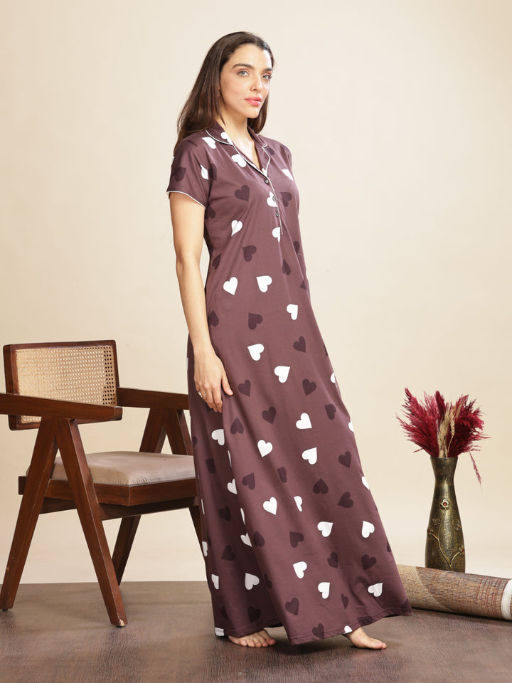 Trendy Violet Star Printed Maxi Nighty For Women