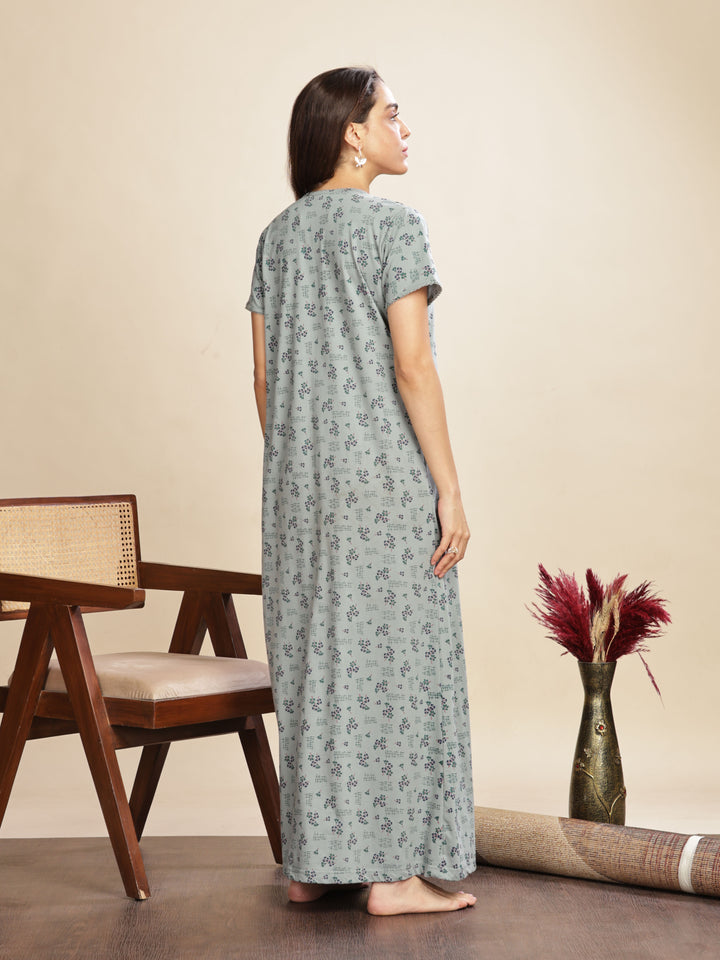 Olive Green Cotton Blend Designer Nighty with Floral Embroidery