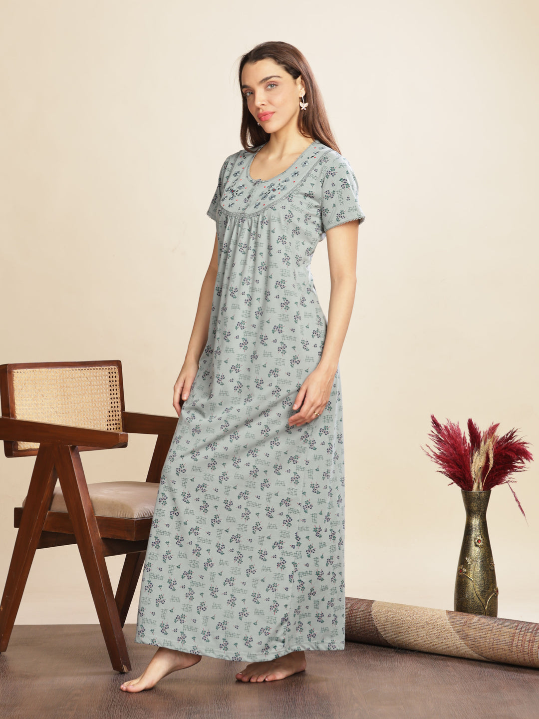 Olive Green Cotton Blend Designer Nighty with Floral Embroidery