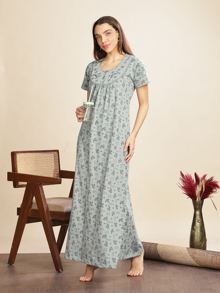 Olive Green Cotton Blend Designer Nighty with Floral Embroidery