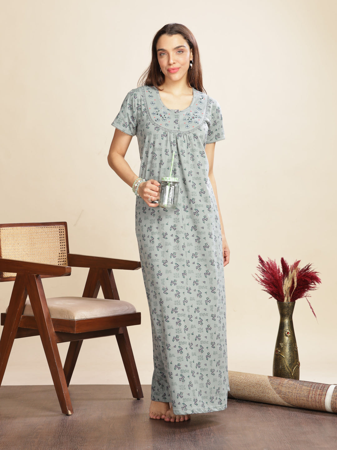 Olive Green Cotton Blend Designer Nighty with Floral Embroidery